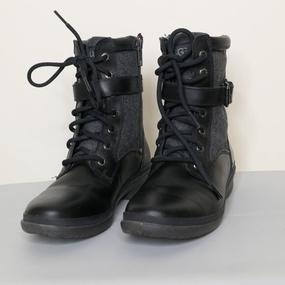 UGG Australia KESEY Size 6 Waterproof Gothic Boots Black Leather & Gray Fabric - Picture 1 of 16
